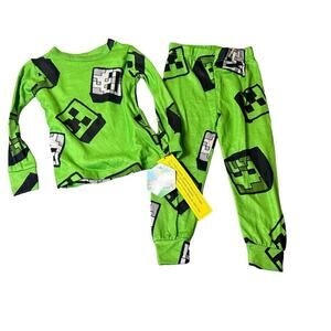 Minecraft Pajamas Set Boys 4 Green Long‎ Sleeve All Over Print 2 Set Pajama NEW